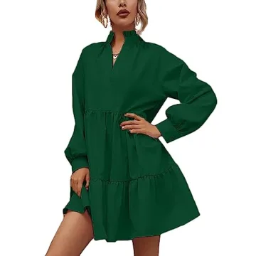 Rooscier Women's V Neck Lantern Long Sleeve Ruffle Babydoll Swing Mini Dress Dark Green Medium