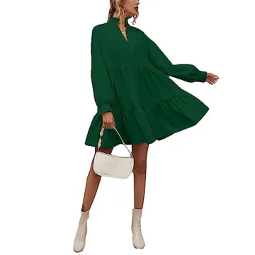Rooscier Women's V Neck Lantern Long Sleeve Ruffle Babydoll Swing Mini Dress Dark Green Medium