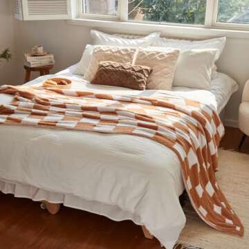 EASEON Throw Blanket for Couch-Soft Boho Throw Blanket,Cozy Knit Throw Blankets,Small Knitted Lightweight Blanket&Throw for Bed,Chair,Sofa,Home Decor (E01-Light Brown, 50 * 70 inches, 5-Checkered B)