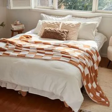 EASEON Throw Blanket for Couch-Soft Boho Throw Blanket,Cozy Knit Throw Blankets,Small Knitted Lightweight Blanket&Throw for Bed,Chair,Sofa,Home Decor (E01-Light Brown, 50 * 70 inches, 5-Checkered B)