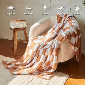EASEON Throw Blanket for Couch-Soft Boho Throw Blanket,Cozy Knit Throw Blankets,Small Knitted Lightweight Blanket&Throw for Bed,Chair,Sofa,Home Decor (E01-Light Brown, 50 * 70 inches, 5-Checkered B)