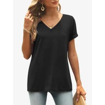 Stylish Black T-Shirts for Women V Neck Short Sleeve Fashion Tops Comfy Casual Summer Wear