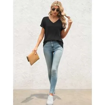 Black V Neck Tees for Women Casual Comfy Summer Style