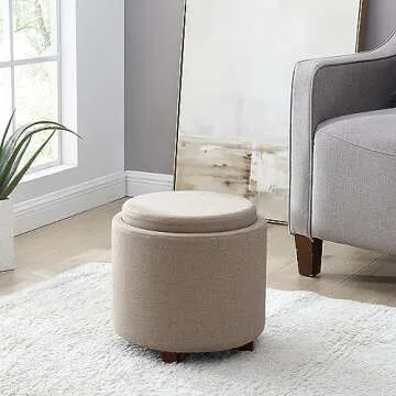 Ornavo Home Lawrence Round Storage Ottoman - Lift Off Lid & Tray for Living Room