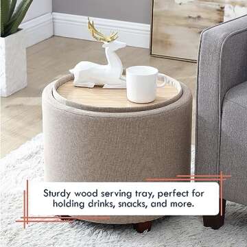 Ornavo Home Lawrence Round Storage Ottoman with Lift Off Lid and Tray Lid Coffee Table, Ottoman with Storage for Living Room, Bedroom and Office, Linen Beige