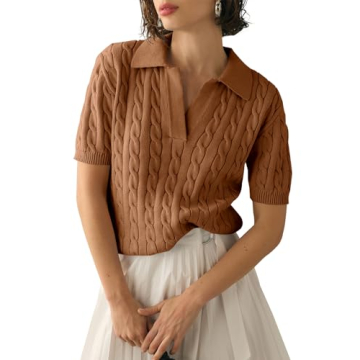 Imily Bela Women's Cable Short Sleeve Solid Lapel V Neck Knit Casual Soft Pullover Sweatshirt Z-Brow...