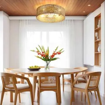 Jughtbo Boho Caged Ceiling Fan with Light, 20.28 Inch Rattan Ceiling Fans with Lights and Remote Control Flush Mount Low Profile 6 Speeds Fandelier for Bedroom, Living Room,Dining Room.Yoga Room