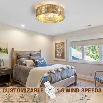 Jughtbo Boho Caged Ceiling Fan with Light, 20.28 Inch Rattan Ceiling Fans with Lights and Remote Control Flush Mount Low Profile 6 Speeds Fandelier for Bedroom, Living Room,Dining Room.Yoga Room