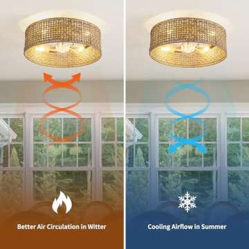 Jughtbo Boho Caged Ceiling Fan with Light, 20.28 Inch Rattan Ceiling Fans with Lights and Remote Control Flush Mount Low Profile 6 Speeds Fandelier for Bedroom, Living Room,Dining Room.Yoga Room