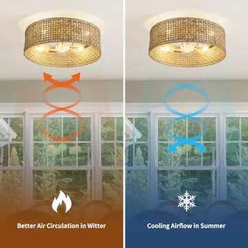 Jughtbo Boho Caged Ceiling Fan with Light, 20.28 Inch Rattan Ceiling Fans with Lights and Remote Control Flush Mount Low Profile 6 Speeds Fandelier for Bedroom, Living Room,Dining Room.Yoga Room