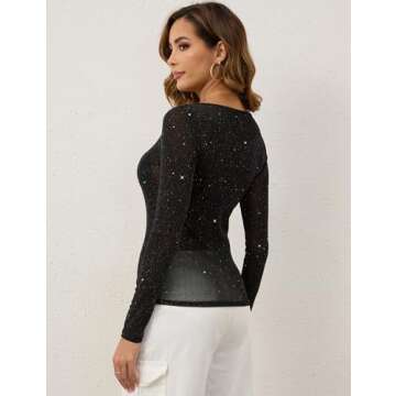 KTILG Sparkly Tops for Women Glitter Sheer Mesh Tops Long Sleeve Sheer Blouses Club Shirts Sexy See ...