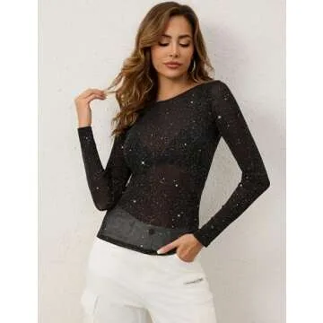KTILG Sparkly Tops for Women Glitter Sheer Mesh Tops Long Sleeve Sheer Blouses Club Shirts Sexy See Through Tee Black XL