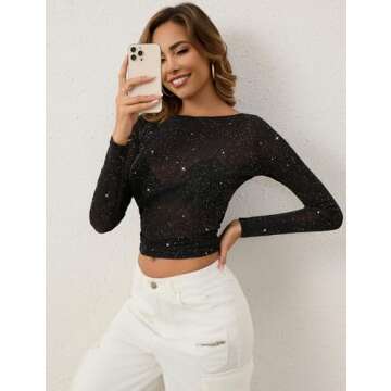 KTILG Sparkly Tops for Women Glitter Sheer Mesh Tops Long Sleeve Sheer Blouses Club Shirts Sexy See Through Tee Black XL