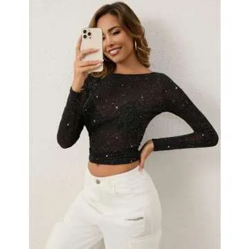 KTILG Sparkly Tops for Women Glitter Sheer Mesh Tops Long Sleeve Sheer Blouses Club Shirts Sexy See Through Tee Black XL