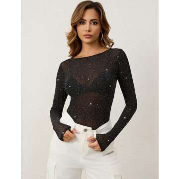KTILG Sparkly Tops for Women Glitter Sheer Mesh Tops Long Sleeve Sheer Blouses Club Shirts Sexy See Through Tee Black XL