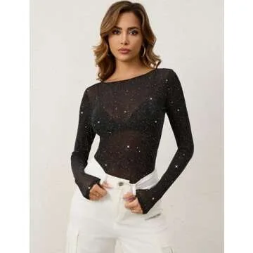 KTILG Sparkly Tops for Women Glitter Sheer Mesh Tops Long Sleeve Sheer Blouses Club Shirts Sexy See Through Tee Black XL