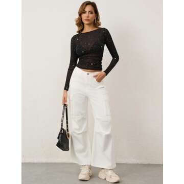 KTILG Sparkly Tops for Women Glitter Sheer Mesh Tops Long Sleeve Sheer Blouses Club Shirts Sexy See Through Tee Black XL