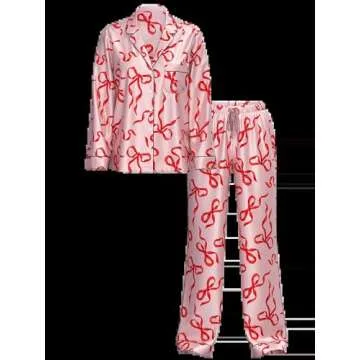 Satin Silk Valentine's Day Pajamas Set for Women Cute Bow Pjs Button Up Shirt+Pants 2 Piece Valentine Jammies(A Bow Red,S