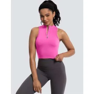 MathCat Half Zipper Workout Tank Tops for Women with Built in Bra, Racerback Workout Tops Sleeveless Crop Tops Gym Yoga Tops Peach Pink