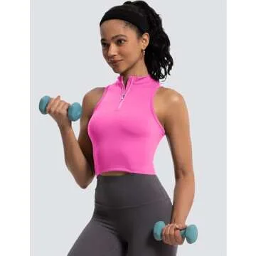 MathCat Half Zipper Workout Tank Tops for Women with Built in Bra, Racerback Workout Tops Sleeveless Crop Tops Gym Yoga Tops Peach Pink
