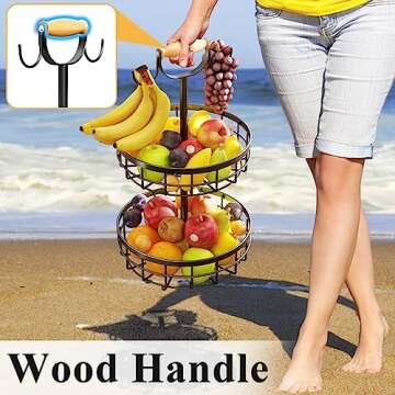 SAYZH 2-Tier Fruit Basket Bowl Vegetable Storage with Dual Banana Tree Hanger and Wood Lift Handle, ...