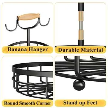 SAYZH 2-Tier Fruit Basket Bowl Vegetable Storage with Dual Banana Tree Hanger and Wood Lift Handle, Kitchen Countertop Metal Wire Basket for Bread Onions Potatoes (Black, 2 Tier)