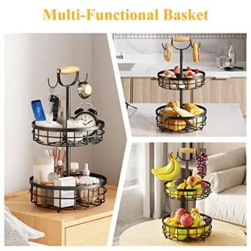 SAYZH 2-Tier Fruit Basket Bowl Vegetable Storage with Dual Banana Tree Hanger and Wood Lift Handle, Kitchen Countertop Metal Wire Basket for Bread Onions Potatoes (Black, 2 Tier)