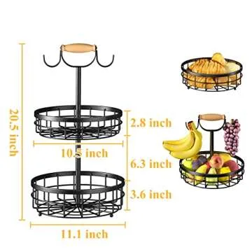 SAYZH 2-Tier Fruit Basket Bowl Vegetable Storage with Dual Banana Tree Hanger and Wood Lift Handle, Kitchen Countertop Metal Wire Basket for Bread Onions Potatoes (Black, 2 Tier)