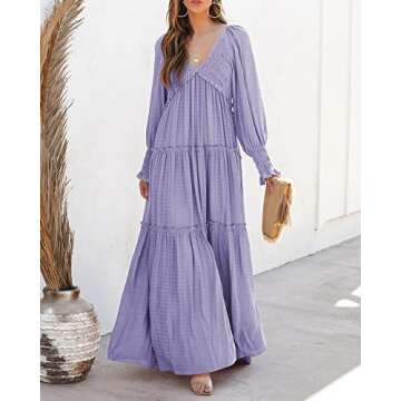 R.Vivimos Maxi Dress for Women Long Sleeve V Neck Empire Waist Layered Ruffle Boho Casual Flowy Long Dresses (Small, Purple)
