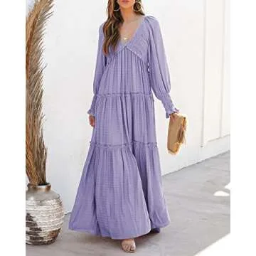 R.Vivimos Maxi Dress for Women Long Sleeve V Neck Empire Waist Layered Ruffle Boho Casual Flowy Long Dresses (Small, Purple)