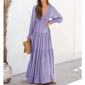 R.Vivimos Maxi Dress for Women Long Sleeve V Neck Empire Waist Layered Ruffle Boho Casual Flowy Long Dresses (Small, Purple)