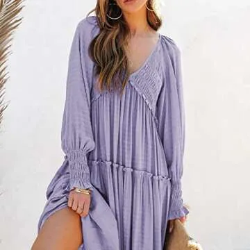 R.Vivimos Maxi Dress for Women Long Sleeve V Neck Empire Waist Layered Ruffle Boho Casual Flowy Long Dresses (Small, Purple)