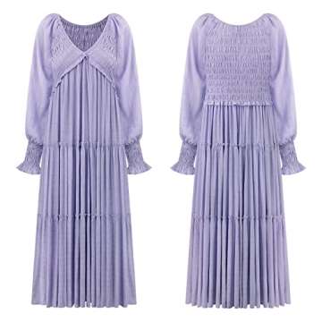 R.Vivimos Maxi Dress for Women Long Sleeve V Neck Empire Waist Layered Ruffle Boho Casual Flowy Long Dresses (Small, Purple)