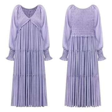R.Vivimos Maxi Dress for Women Long Sleeve V Neck Empire Waist Layered Ruffle Boho Casual Flowy Long Dresses (Small, Purple)