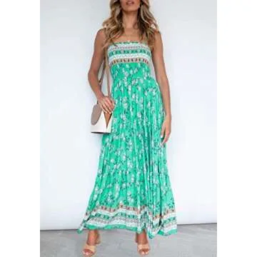 ZESICA Women's Summer Bohemian Floral Printed Strapless Beach Party Long Maxi Dress, Aqua, Large