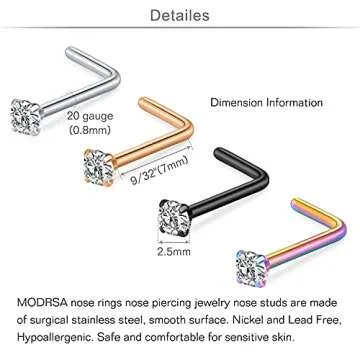 MODRSA Nose Rings 20g Nose Rings Studs L Shape Nose Piercings Stainless Steel Nose Rings Hoops Diamond Heart Hypoallergenic Nostril Nose Piercing Jewelry for Women Men Silver Rose Gold Black Rainbow
