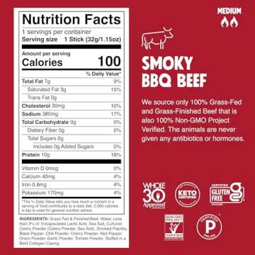 Chomps Grass-Fed Smoky BBQ Beef Jerky Snack Sticks - Low Carb, High Protein, Healthy Snack 24-Pack