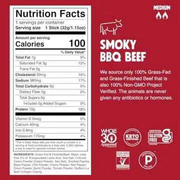 Chomps Grass-Fed Smoky BBQ Beef Jerky Snack Sticks - Low Carb, High Protein, Healthy Snack 24-Pack
