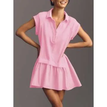 Fisoew Womens Summer Sweatshirts Dresses Short Sleeve V Neck Casual Oversized Patchwork Mini Dresses...