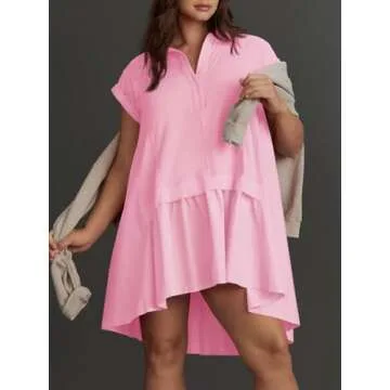 Fisoew Women's Summer Sweatshirt Dress Short Sleeve Patchwork