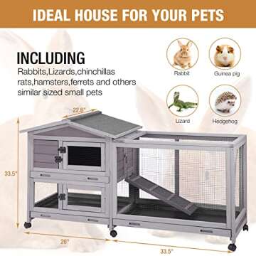 Bunny Cage Indoor and Outdoor Rabbit Hutch with Casters Waterproof Roof, Pull Out Tray from Back and...