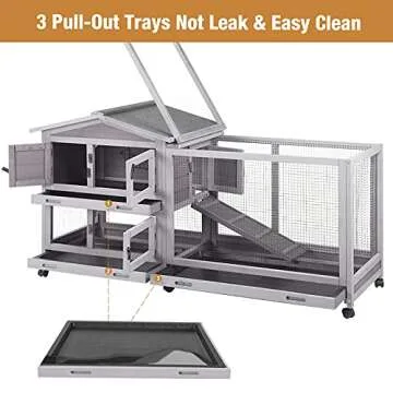 Bunny Cage Indoor and Outdoor Rabbit Hutch with Casters Waterproof Roof, Pull Out Tray from Back and Front 61.2" L x 22.6" W x 33.5" H