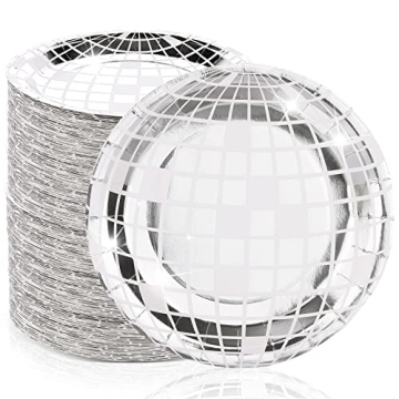 Funtery 50 Pcs Disco Plates 9'' Silver Paper Plates 70s Disco Party Decorations Disposable Disco Des...