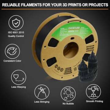 OVERTURE PLA Filament 1.75mm 3D Printer Filament, 1kg Cardboard Spool (2.2lbs), Dimensional Accuracy +/- 0.02 mm, Fit Most FDM Printers (Midnight Black)