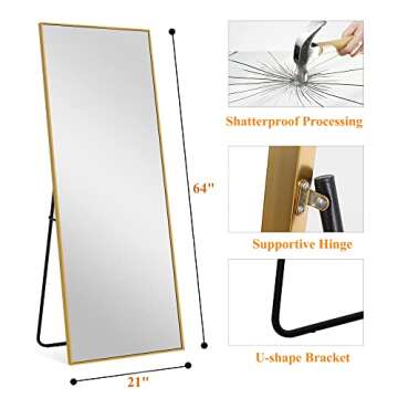 NeuType Full Length Mirror Dressing Mirror 64"x21" Large Rectangle Bedroom Floor Standing Mirror Wall-Mounted Mirror Standing Hanging or Leaning Against Wall Aluminum Alloy Thin Frame (Gold)