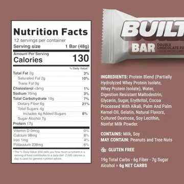 BUILT Bar, High Protein Bars, 17g High Protein Snacks, On-The-Go Bars with only 130 Calories & 4g Sugar, Double Chocolate Fudge, 12 Count