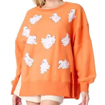 Muineobuka Women Sequin Halloween Sweatshirts Long Sleeve Sparkle Glitter Pumpkin Ghost Halloween Ugly Pullover