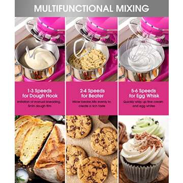 Facelle Stand Mixer, Electric Kitchen Mixer, 660W 6 Speed Tilt-Head stand mixer with Pulse Button, Attachments include 6.5 QT Bowl, Dishwasher Safe Beater, Dough Hook, Whisk & Splash Guard - Purple