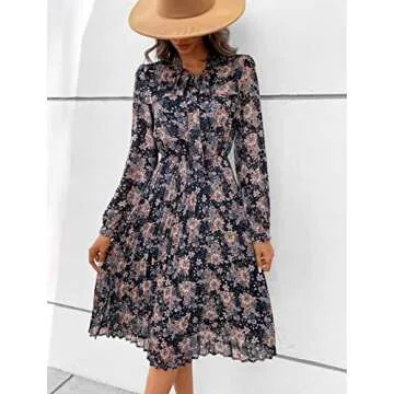 Elegant HAOKEKE Chiffon Dress for Women - Navy Print Style