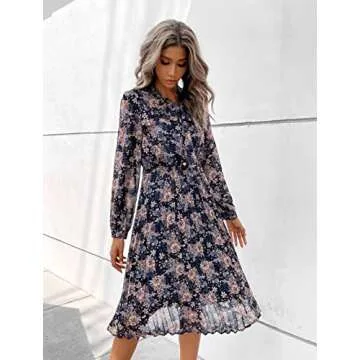 Elegant HAOKEKE Chiffon Dress for Women - Navy Print Style